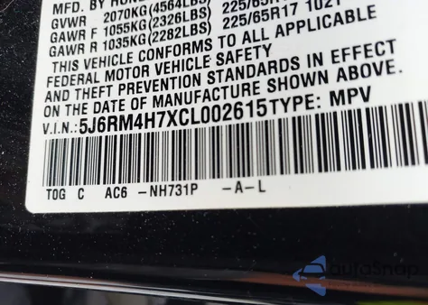 2012 Honda Cr-V Ex-L z USA, uszkodzony, nr VIN 5J6RM4H7XCL002615